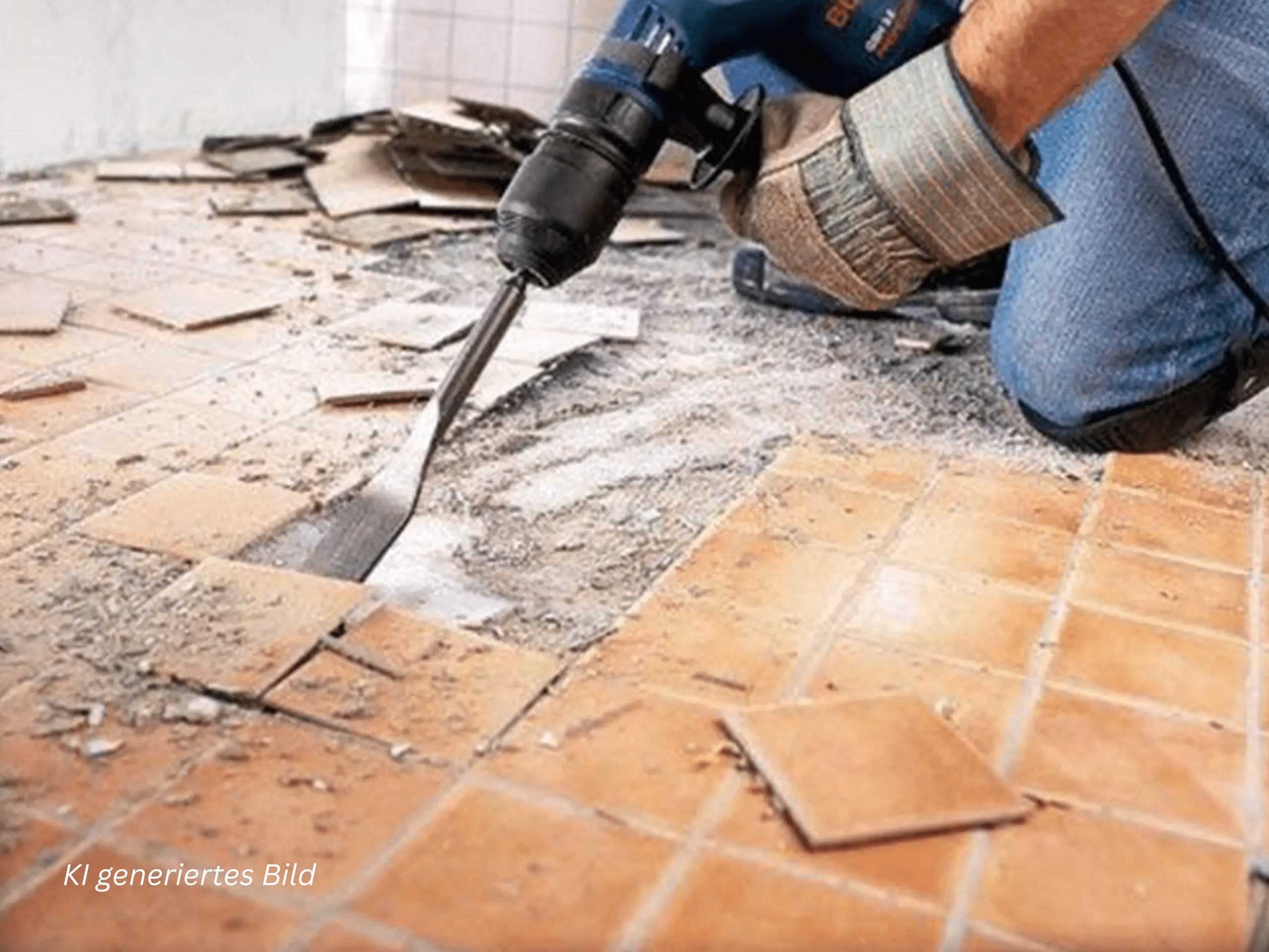 Construction worker kneeling on a tiled floor, cutting tiles with a power tool amid broken ceramic pieces and dust.
