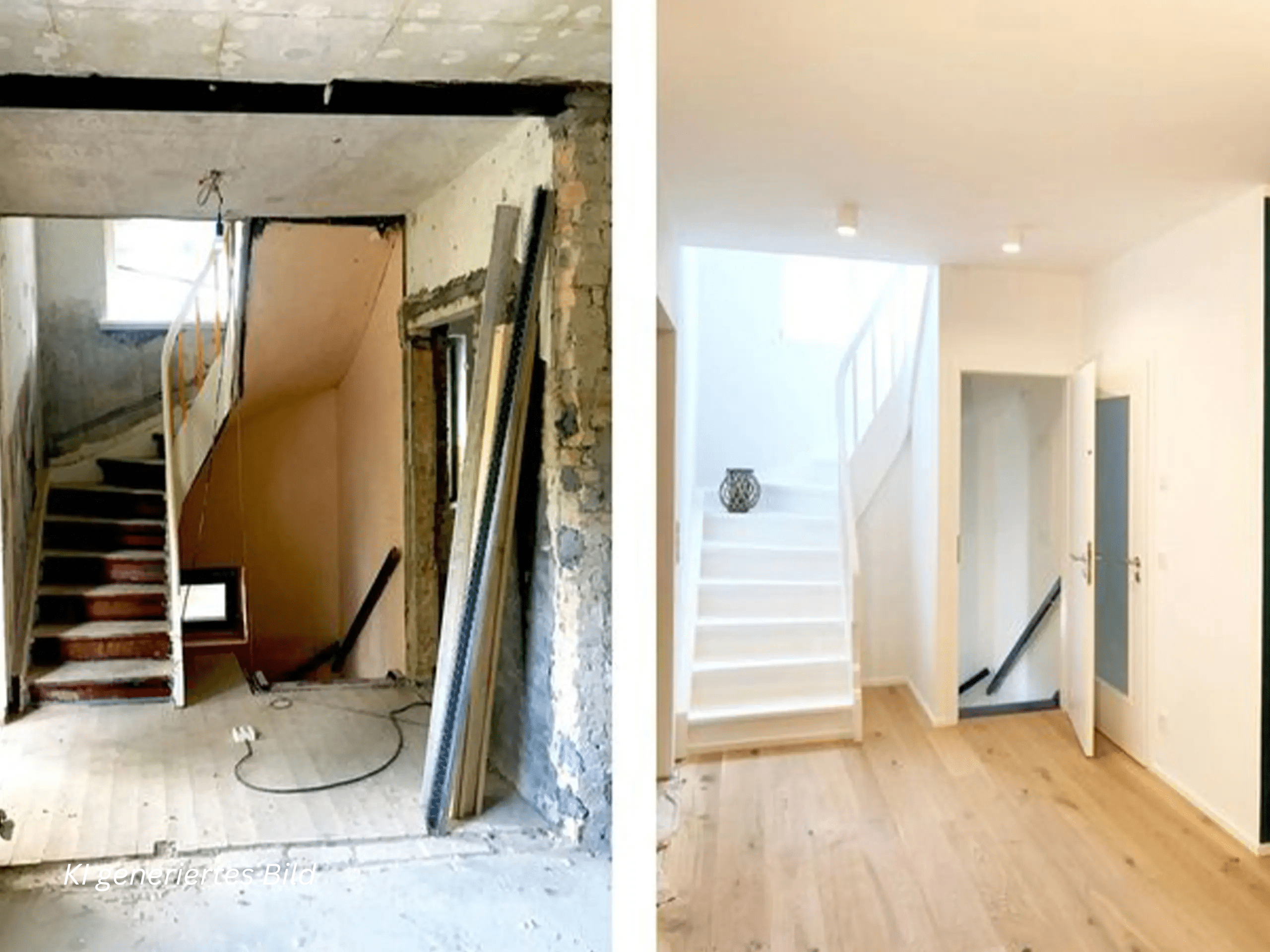 Split view: left shows an unfinished renovation with exposed wall, debris, and stairs; right shows a clean finished interior with white walls and a staircase.