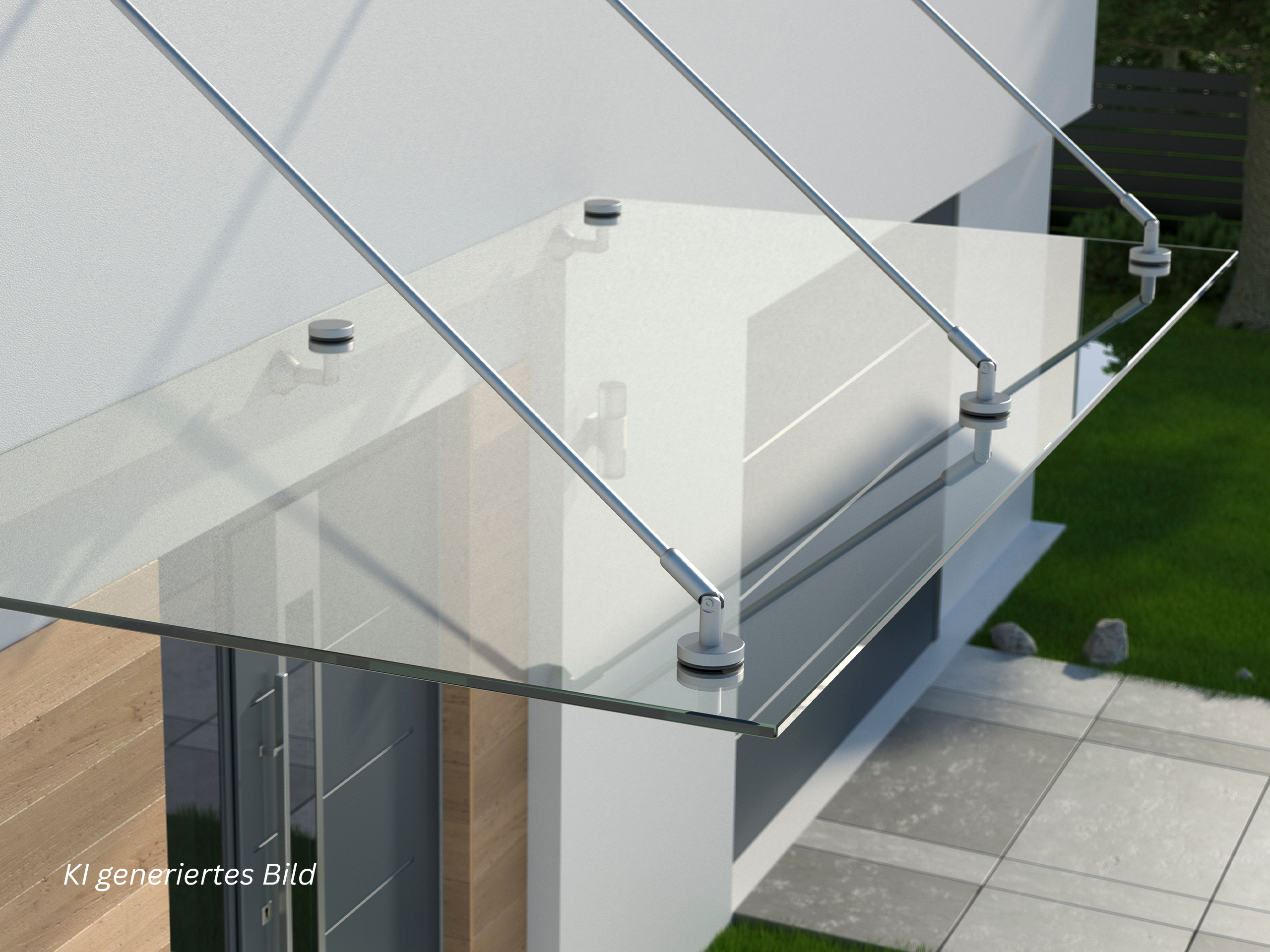 Exterior glass balcony railing with stainless steel posts and tension cables along the edge of a modern house, green lawn visible beyond the railing.