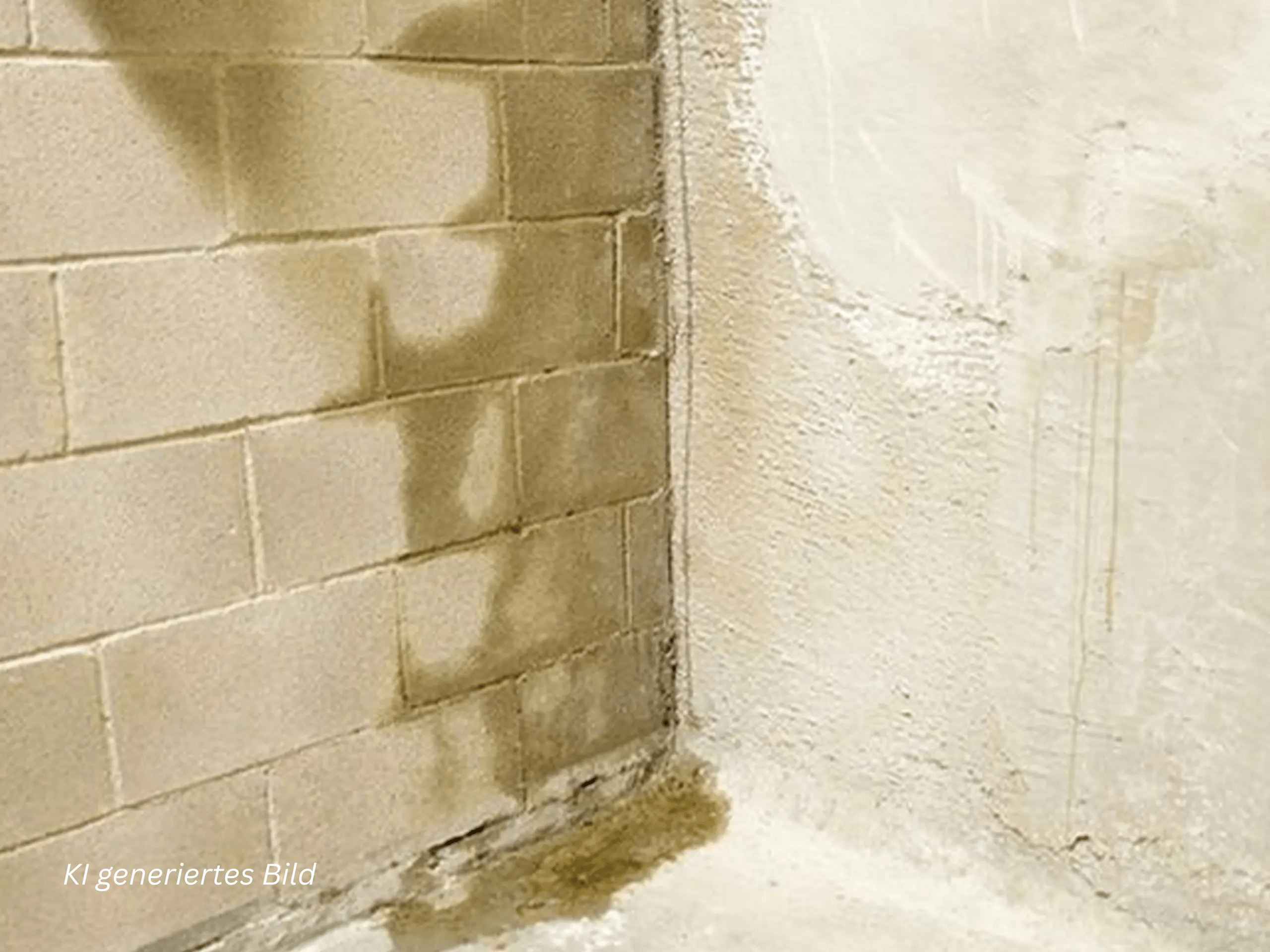 Close-up of a beige stone wall corner with horizontal bricks and snow at the base.”,