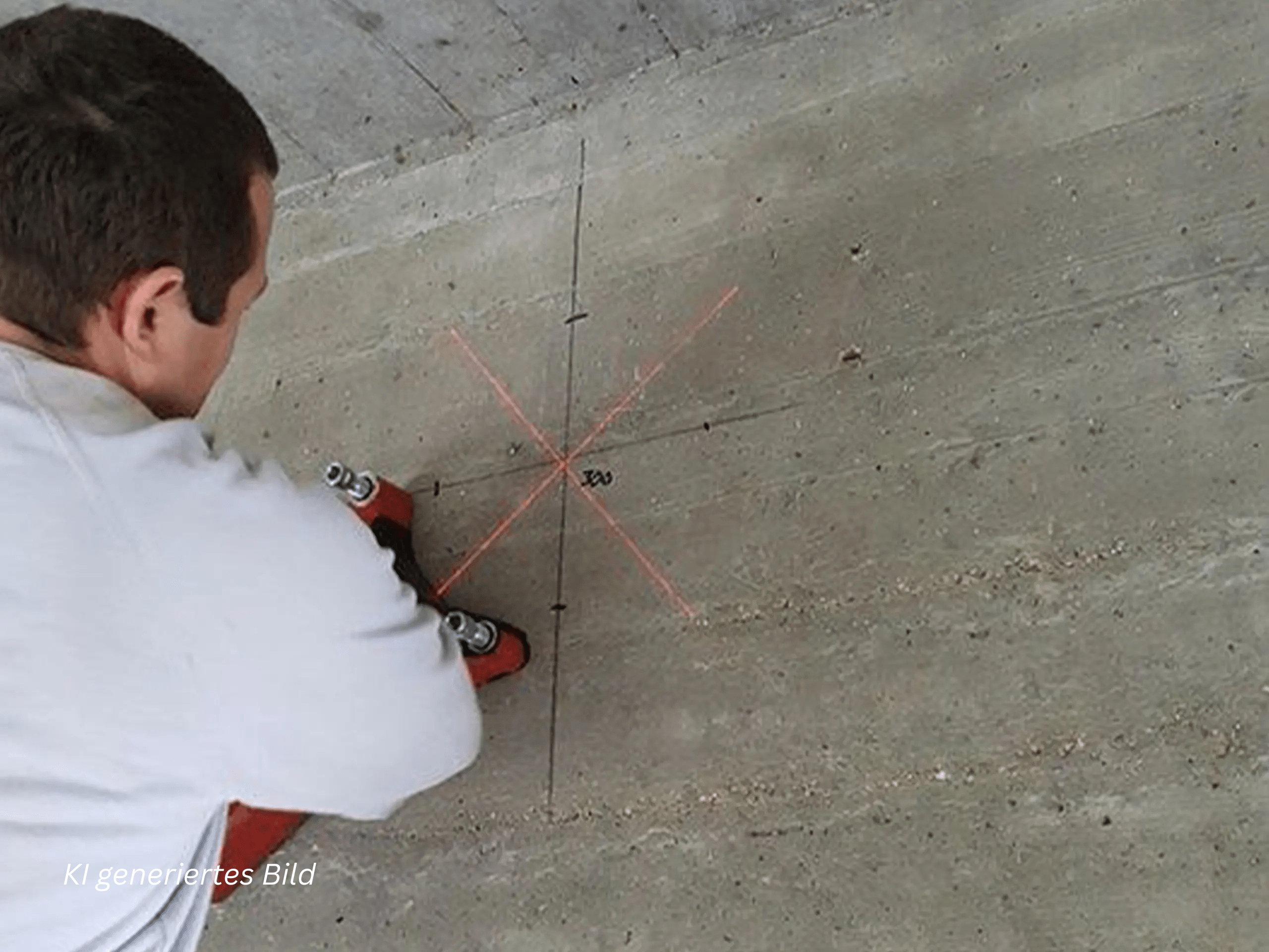 Person kneeling on a concrete floor, using a chalk line to mark a red cross and guide lines.