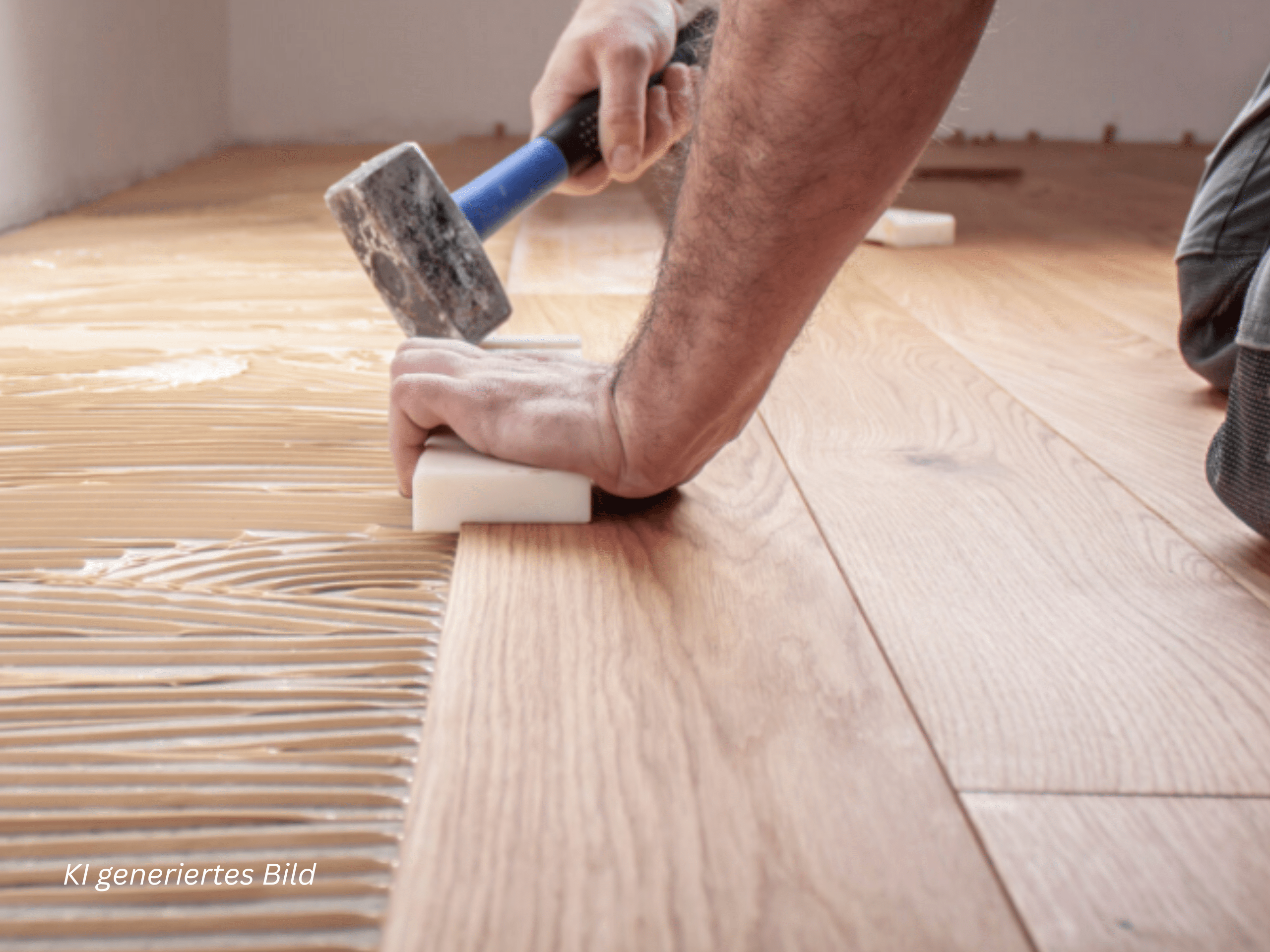 Close-up of a person tapping a hardwood floorboard into place with a blue-handled mallet during flooring installation