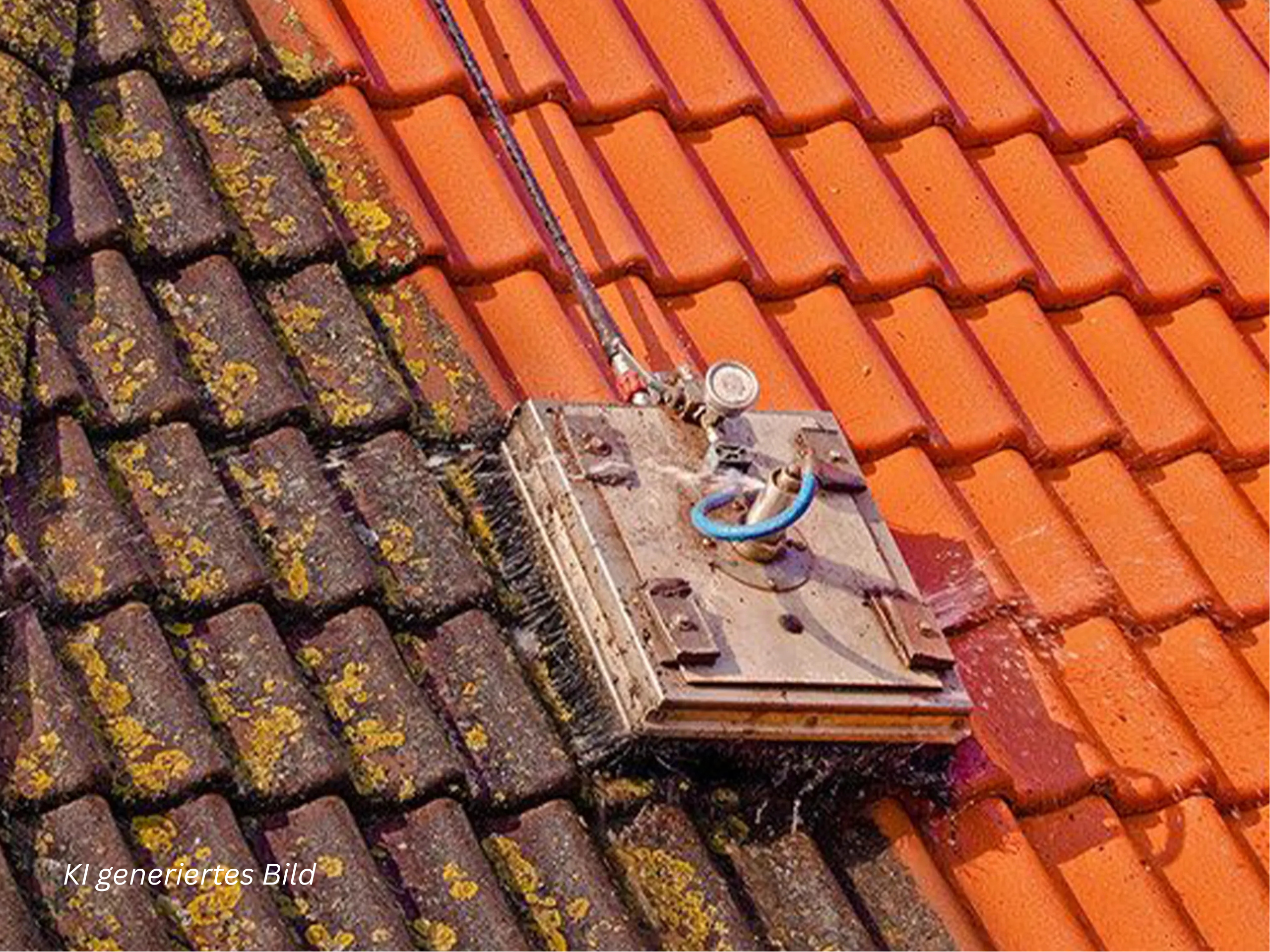 Close-up of an orange clay-tiled roof with moss and lichen growing on the left side and a small metal vent near the bottom corner.