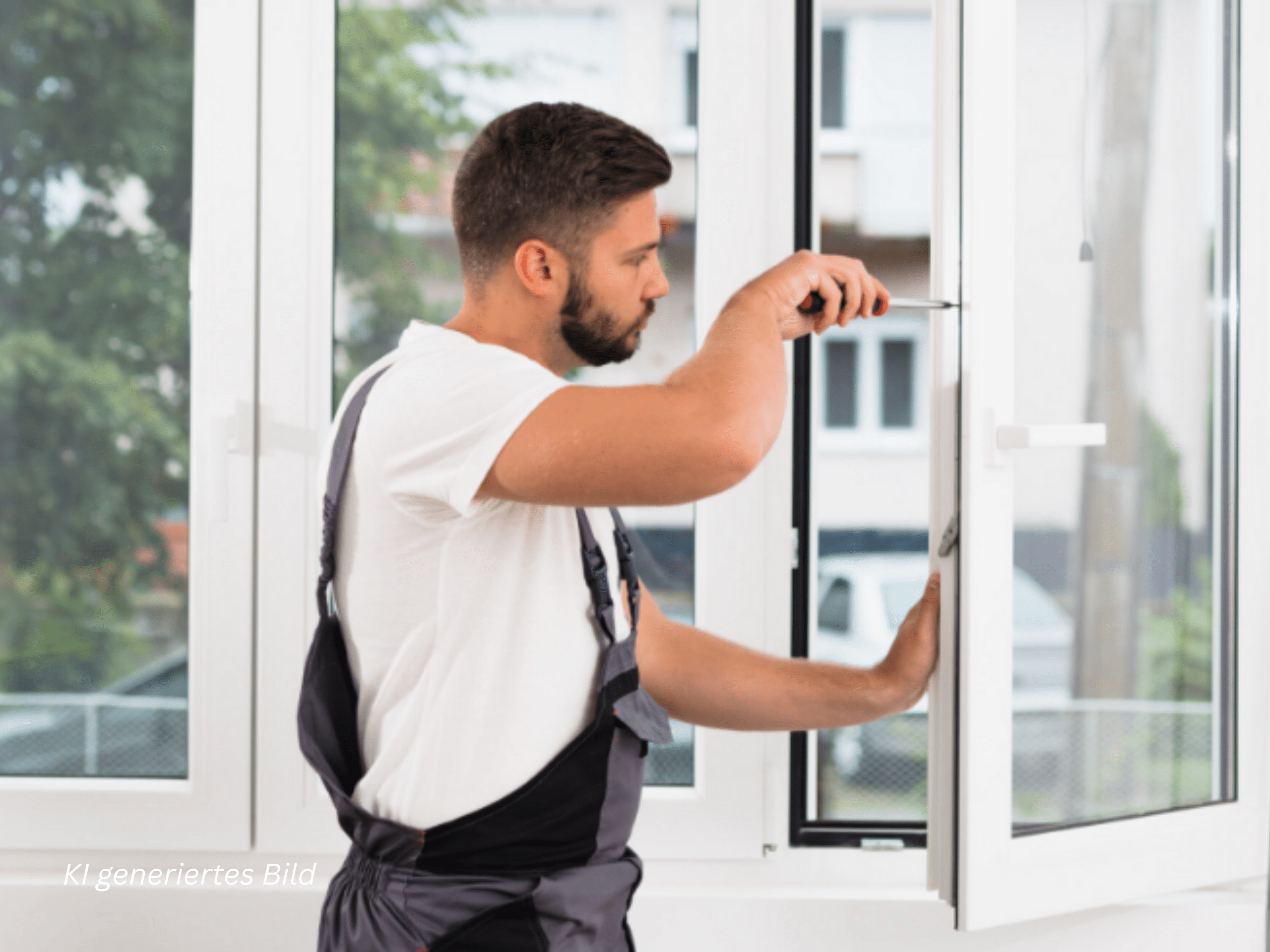 Man wearing overalls tightens a metal window/door frame with a screwdriver inside a bright room.