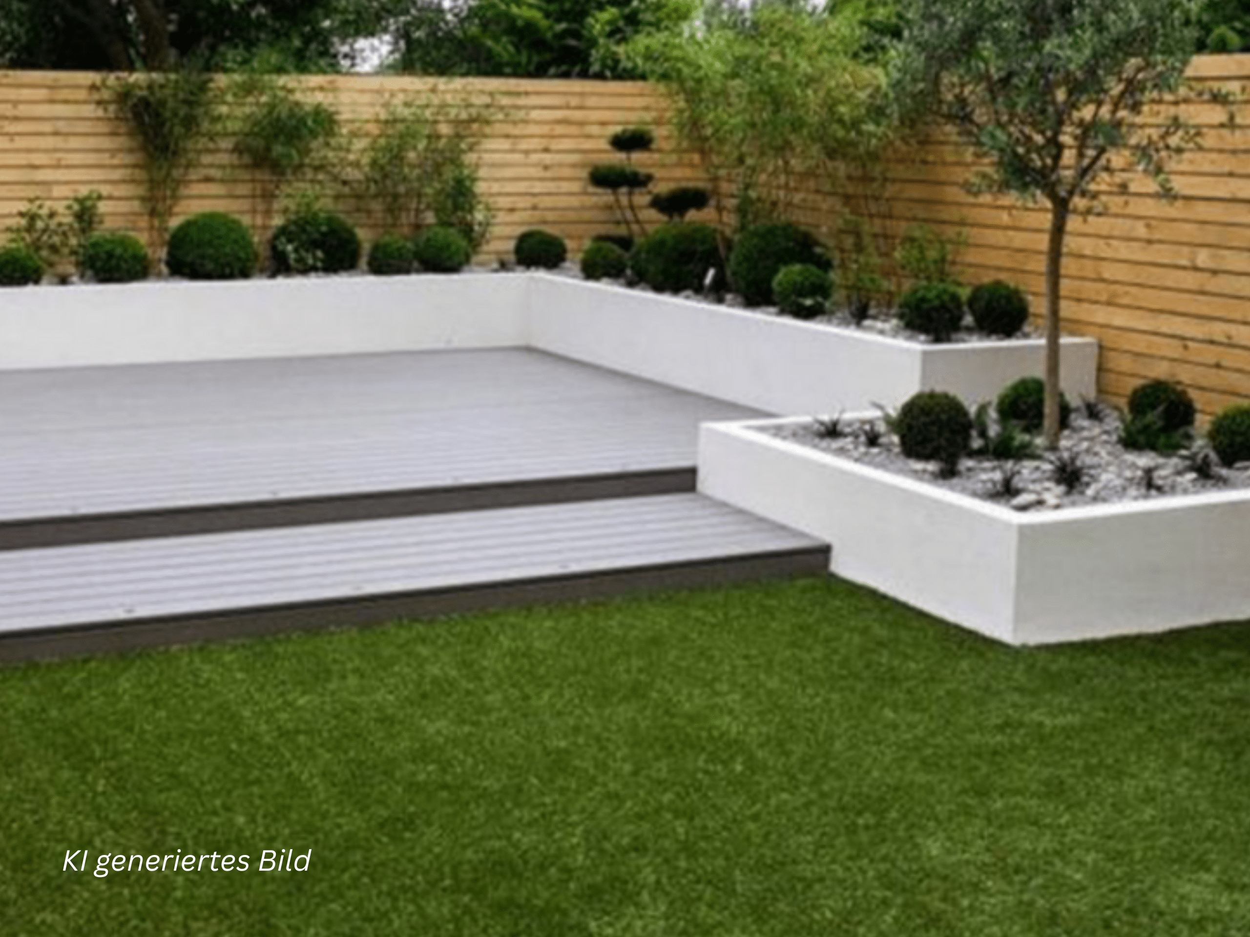 Modern backyard with white raised planters, trimmed shrubs, small trees, a wooden slat fence and gray decking near a green lawn.