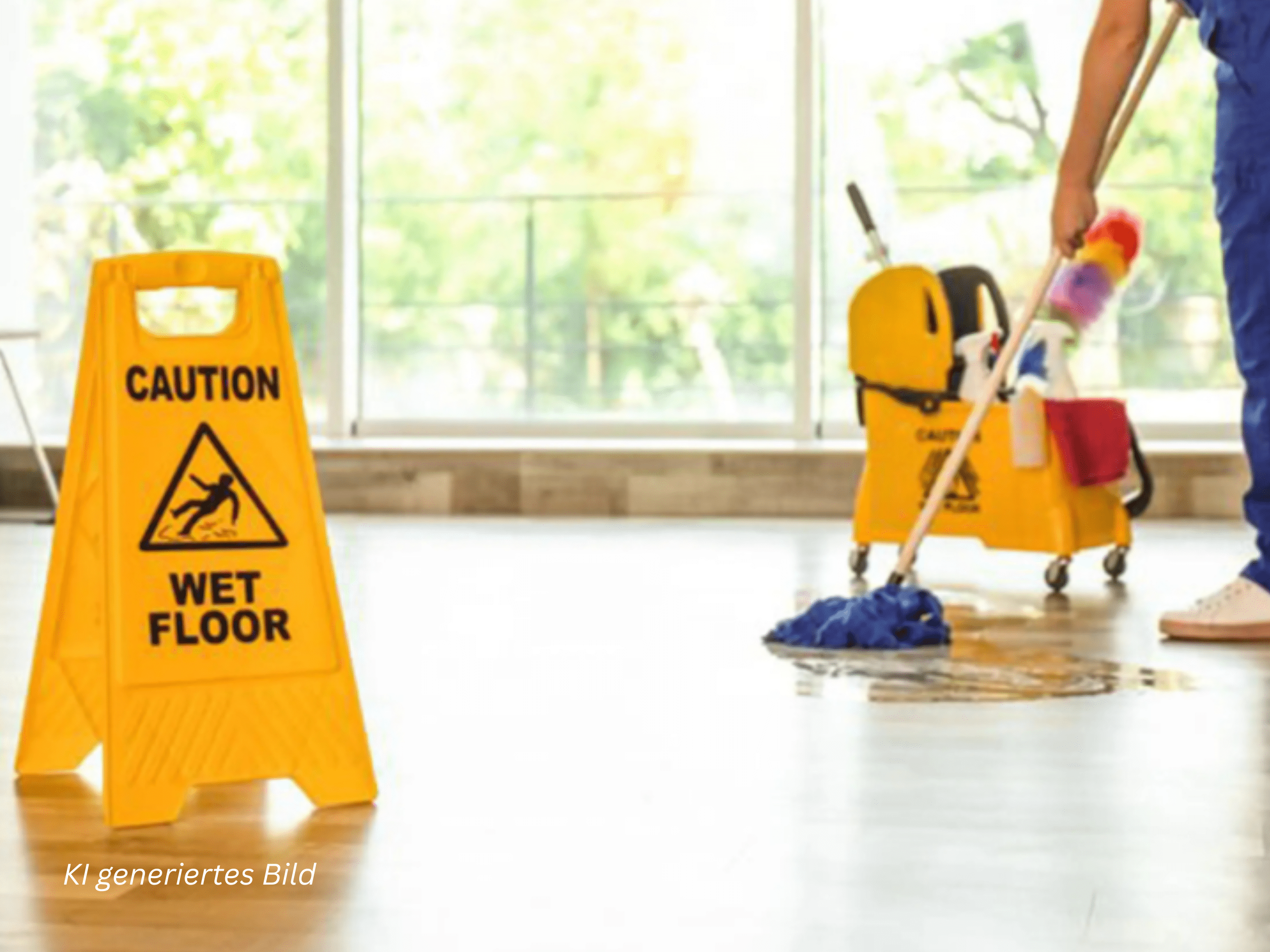 Yellow wet-floor caution sign in the foreground with a cleaning cart and mop in a bright indoor space, signaling a slippery surface.