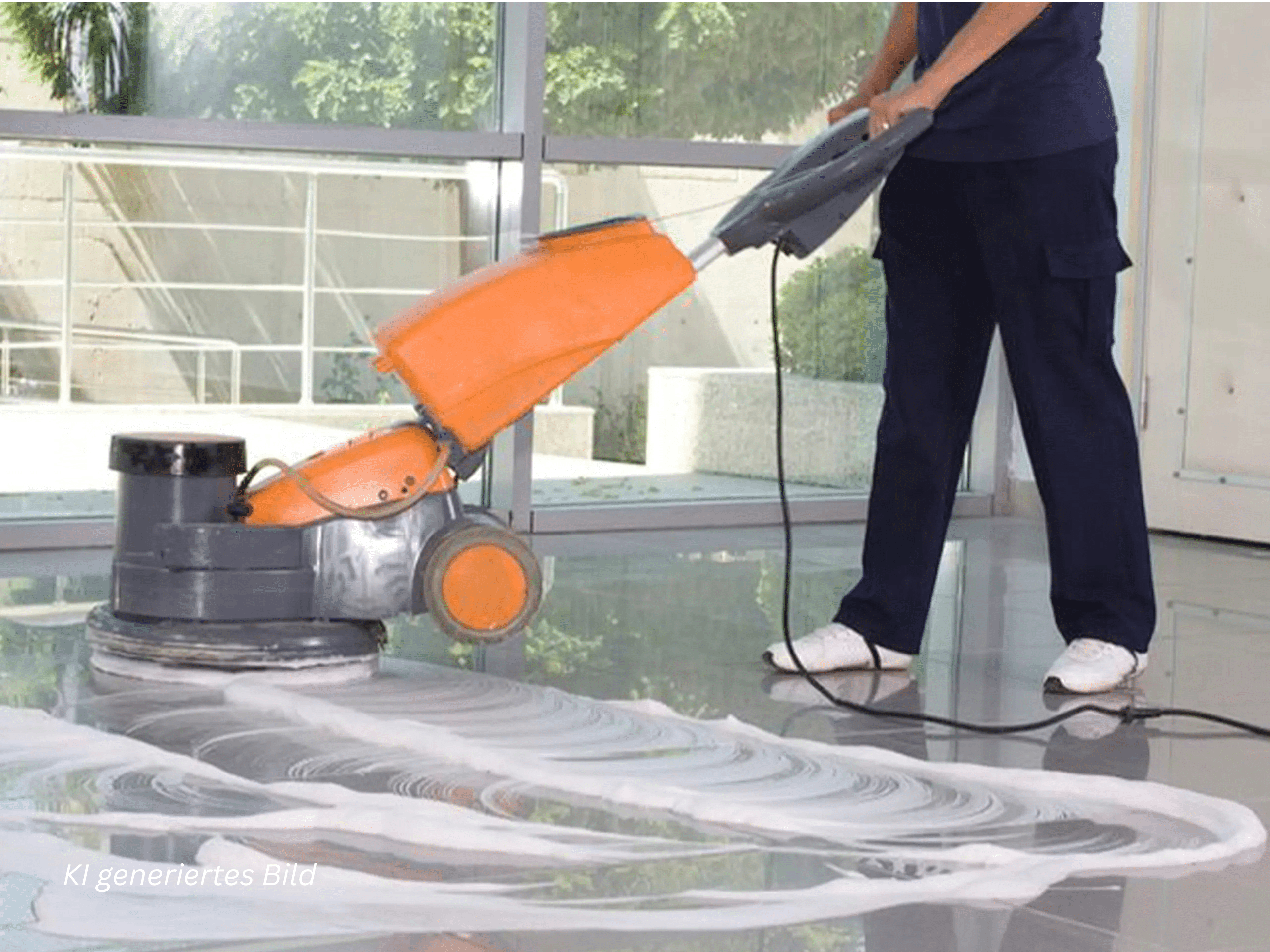 Person in dark clothing guides an orange floor buffer to polish a glassy floor in a modern lobby.