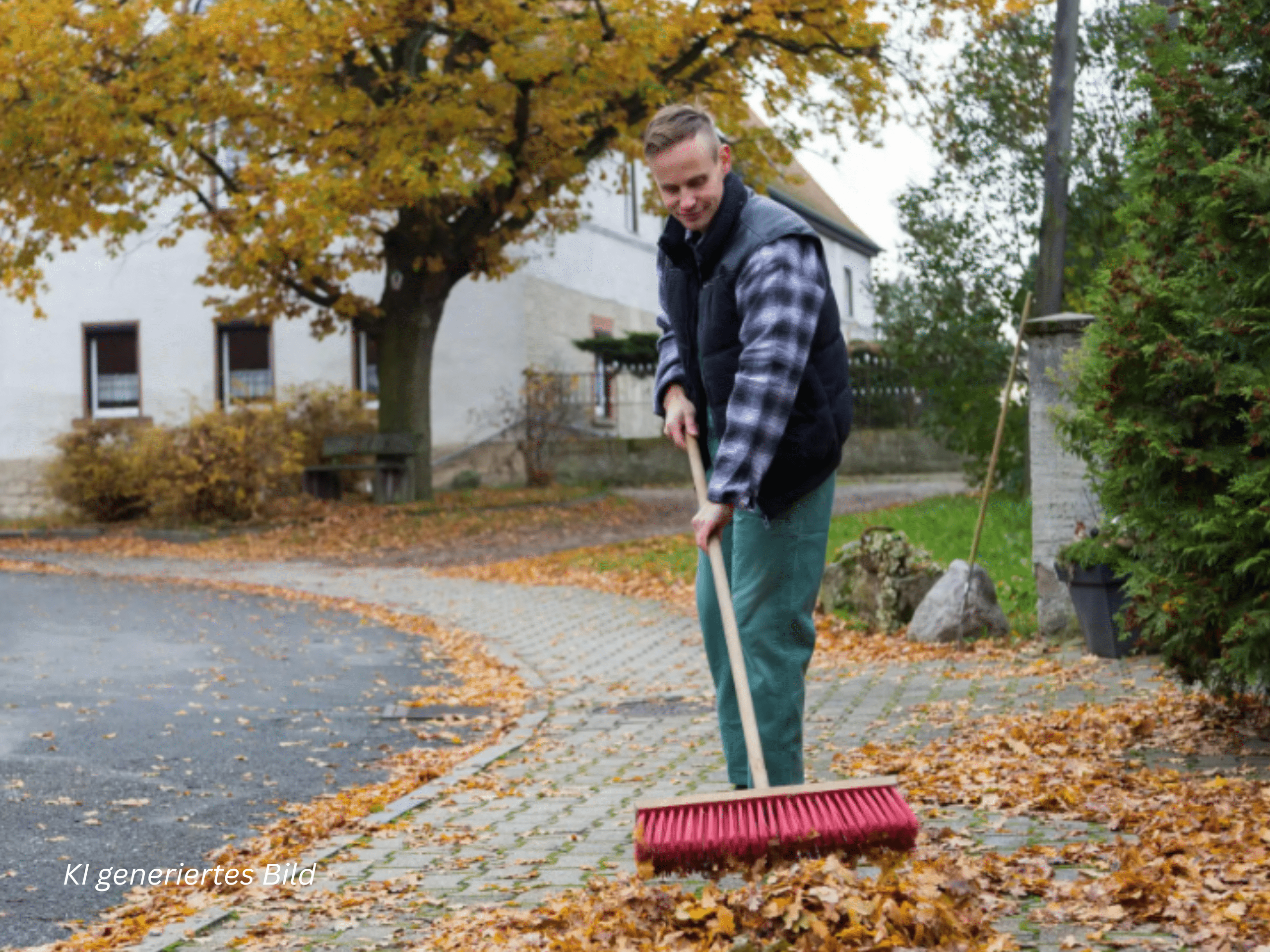 Man in a dark vest and plaid shirt raking orange leaves on a sidewalk near a white house in autumn.