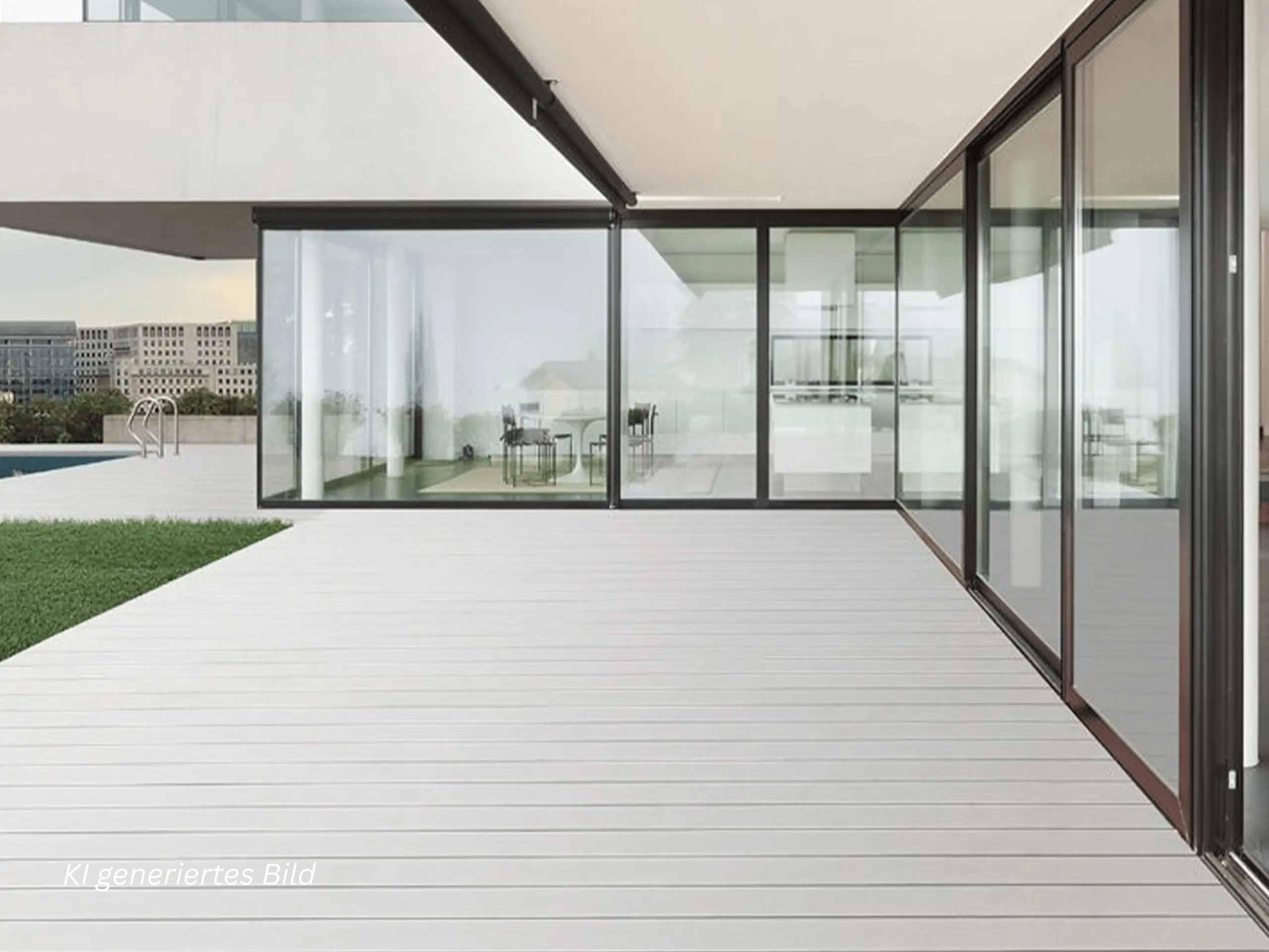 Modern glass-walled patio with sliding doors on a white deck overlooking a city skyline.