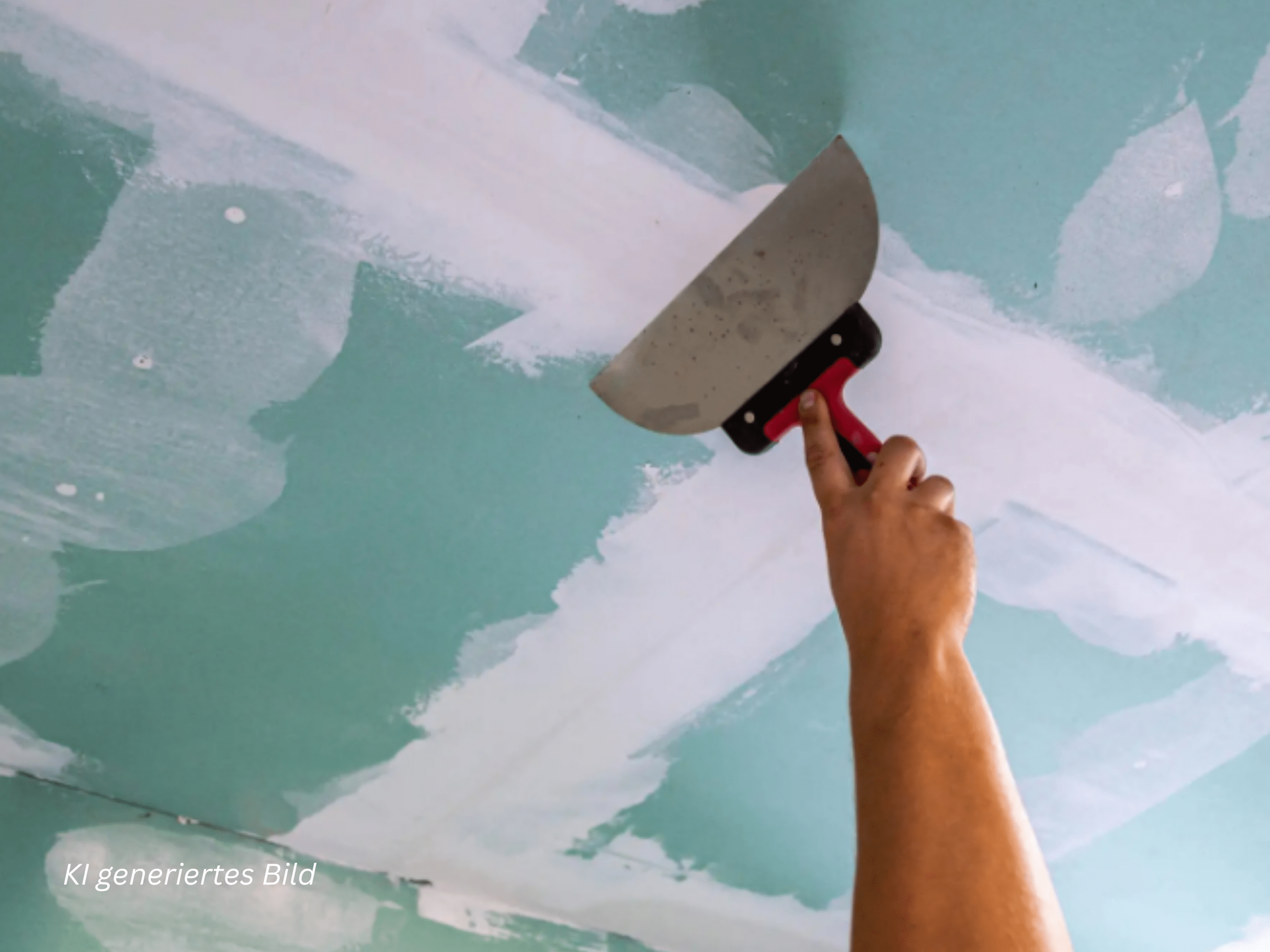 Hands hold a flat scraper removing white paint from a turquoise wall.