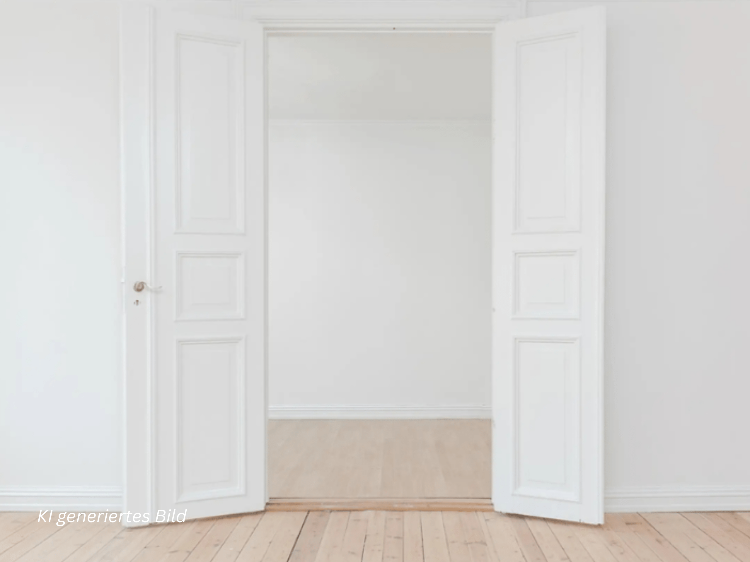 White double doors open into a bright room with light wood flooring and pale walls.